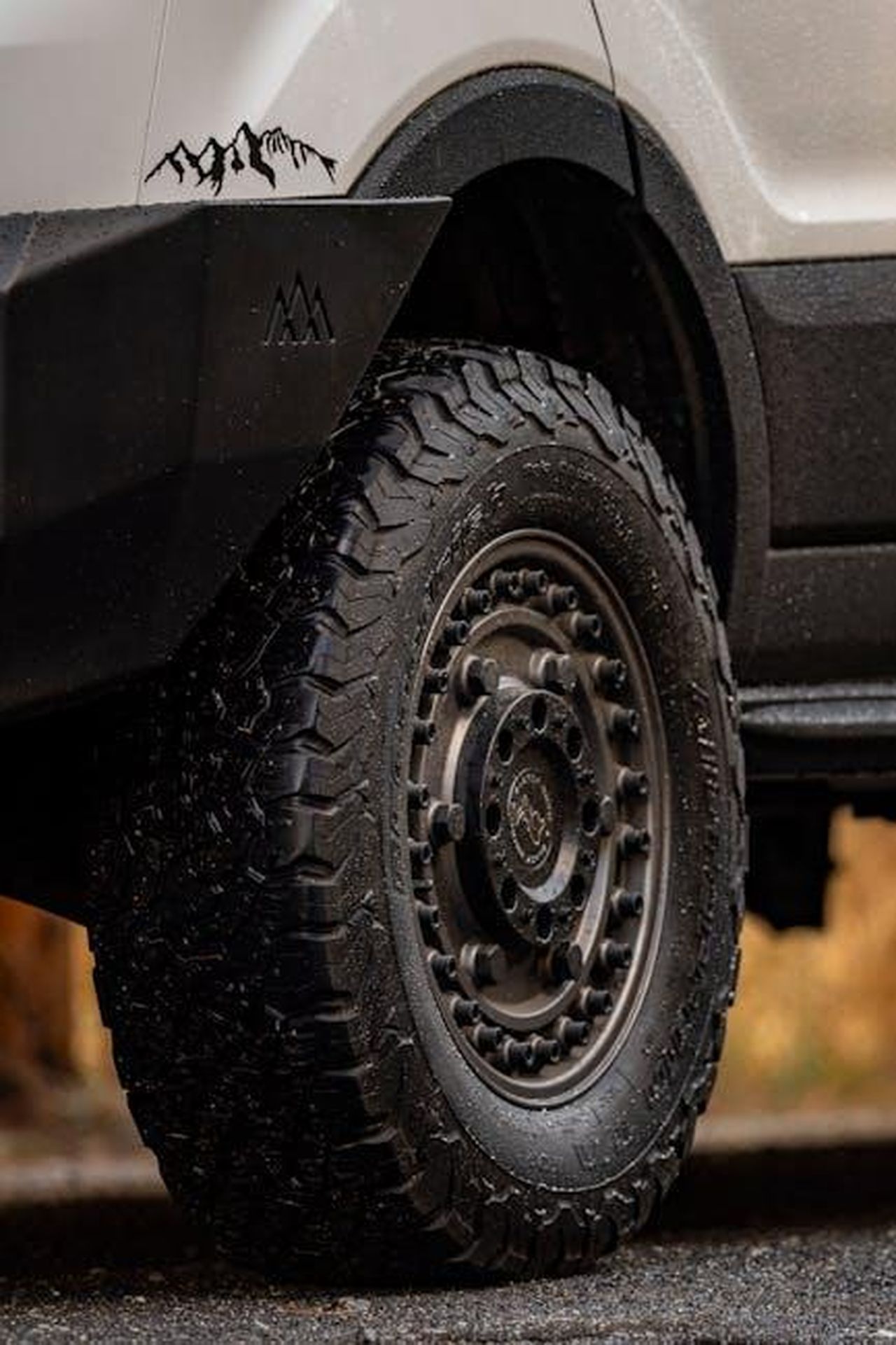 Caratteristiche_del_Ford_Expedition_2024_IXmkRp9yDl - Veicoli24 Source: Stephen Leonardi - pexels - Detailed view of a rugged off-road tire on a vehicle with mountain graphics.
