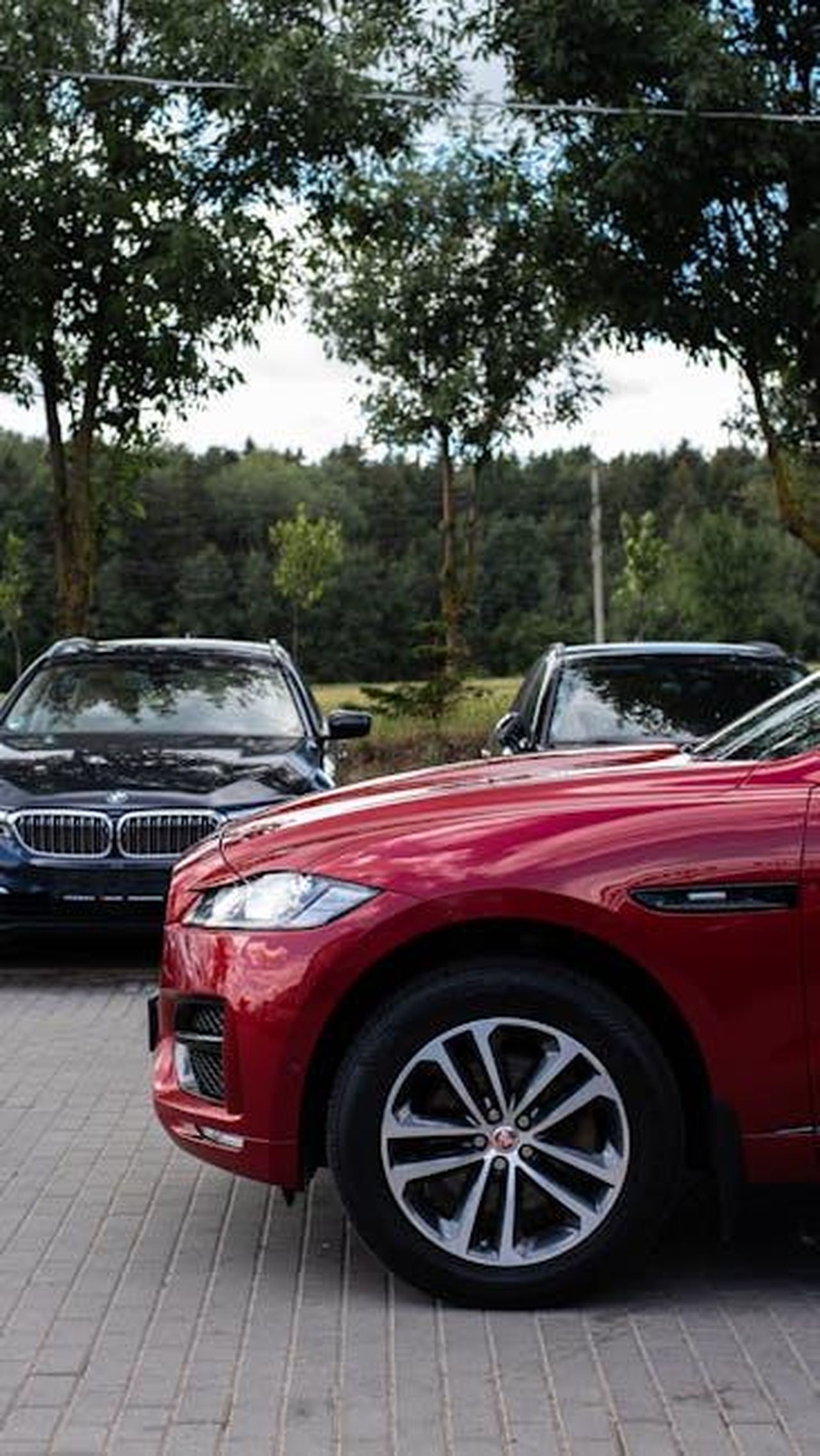 Caratteristiche_e_specifiche_nRNelwY9IR - Veicoli24 Source: Ivan Kazlouski - pexels - A striking red luxury car parked on brick pavement, surrounded by trees and other vehicles.