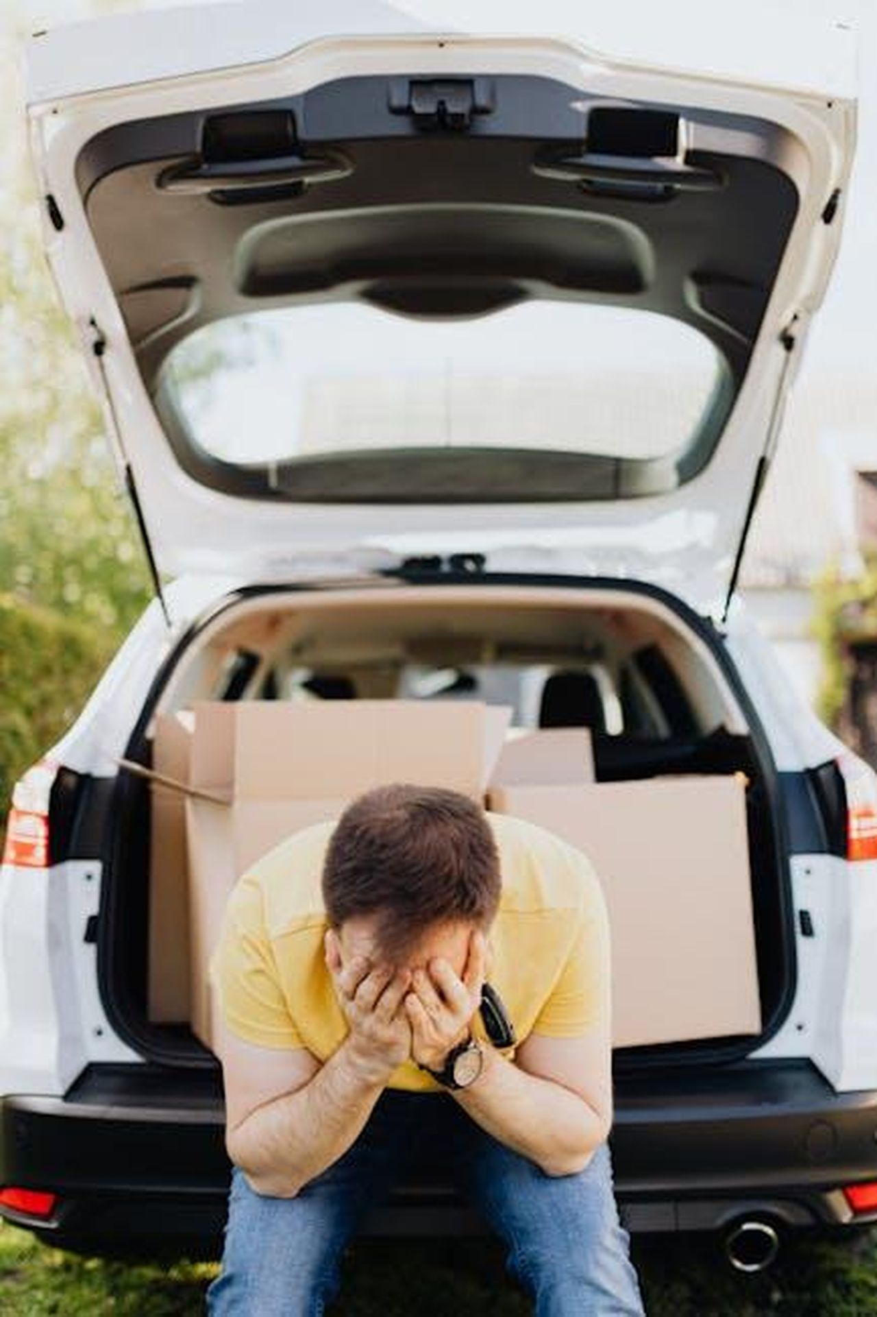 Investimenti_e_piani_futuri_di_Mini_fa4fQpkre8 - Veicoli24 Source: Photo By: Kaboompics.com - pexels - Man sitting by car with head in hands, surrounded by moving boxes, feeling stressed.