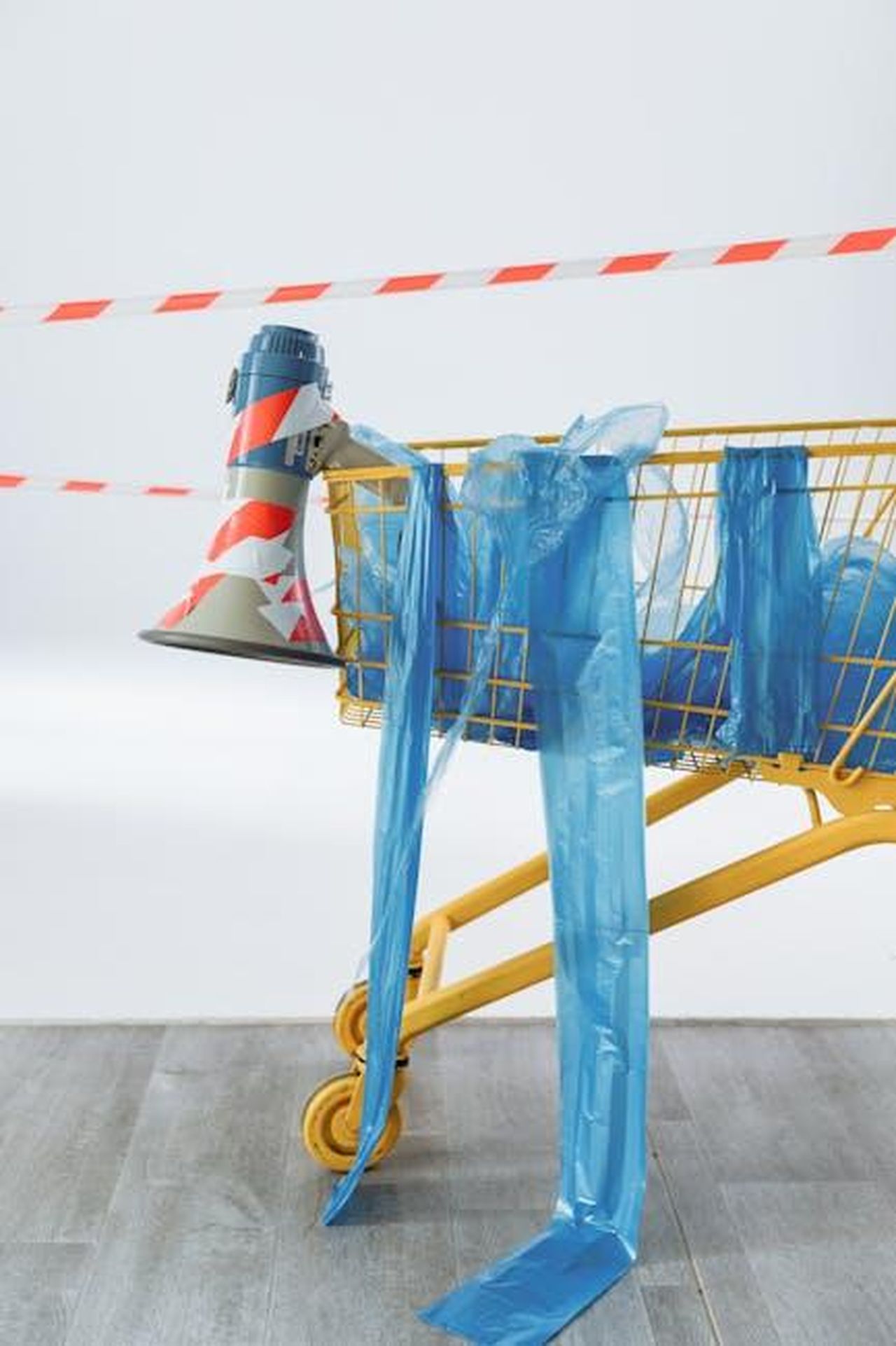 Problemi_di_marketing_e_futuro_incerto_1IzYoBeE7U - Veicoli24 Source: Thirdman - pexels - A shopping cart wrapped in plastic with a megaphone suggests themes of activism and communication.