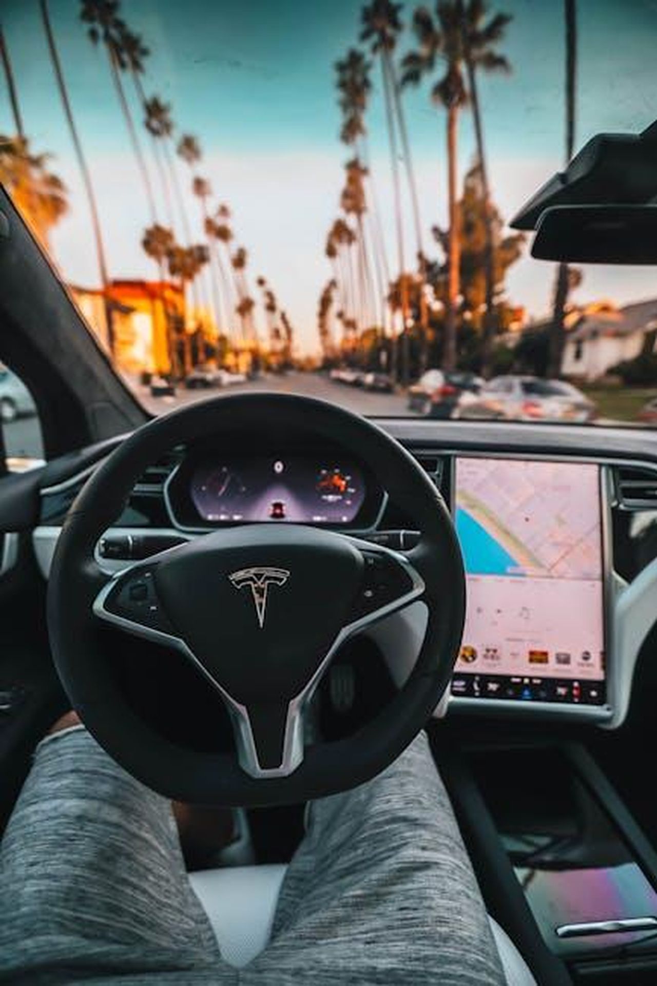 Tesla_domina_il_mercato_europeo_nel_2024_tIBc9dsPw0 - Veicoli24 Source: Roberto Nickson - pexels - Interior view of a Tesla Model X steering through palm-lined streets of Santa Monica at twilight.