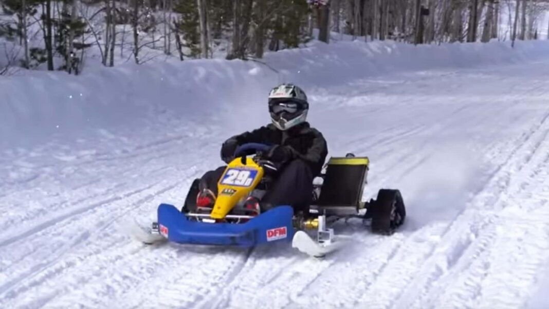 Il divertimento di un go-kart in inverno Un go-kart trasformato in motoslitta: un'idea geniale o un segno di follia?