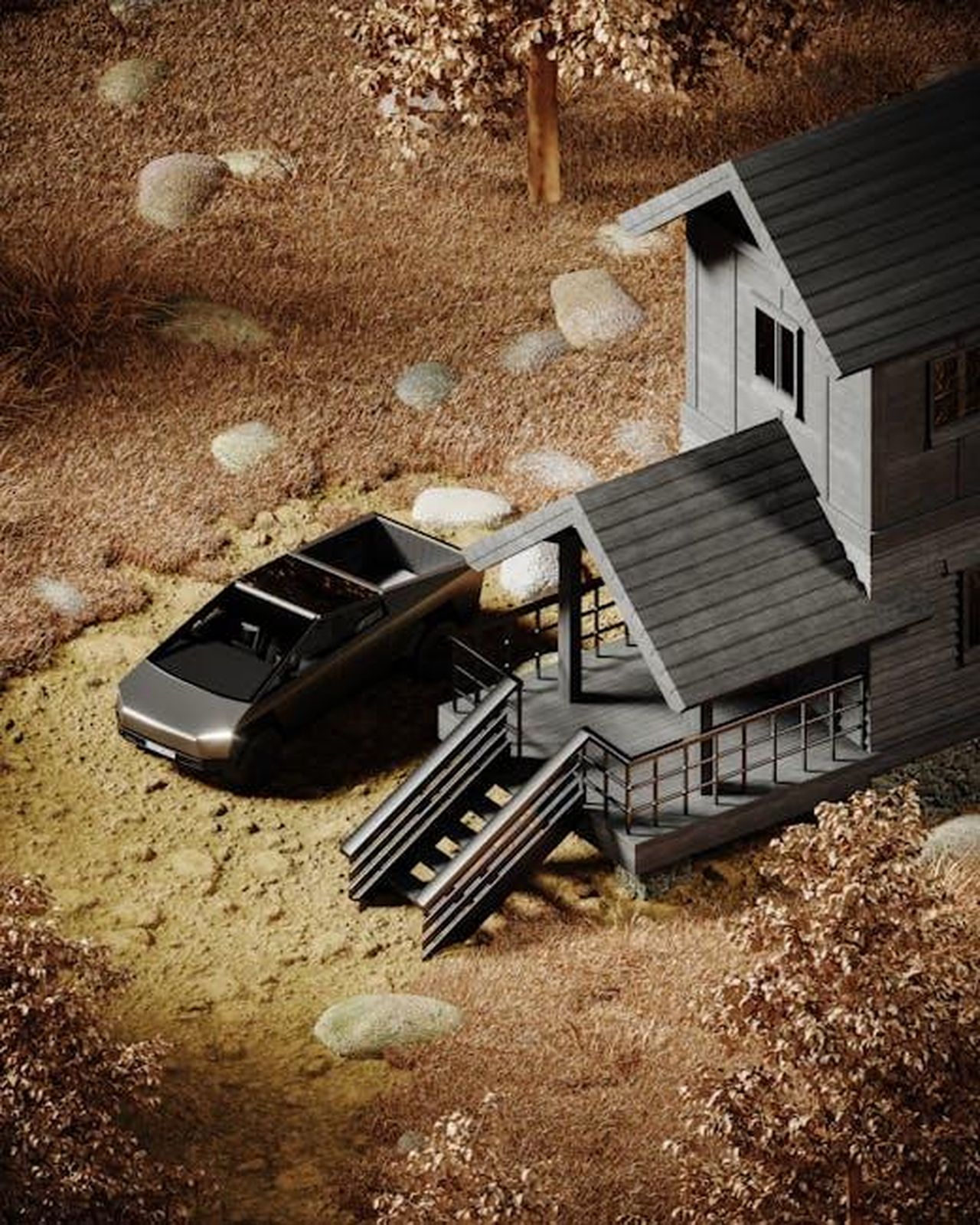 Capacit_e_tecnologia_della_Jeep_Compass_XlHVbfpy0t - Veicoli24 Source: Bilal Mansuri - pexels - Electric car parked beside a modern wooden cabin amidst autumn foliage.