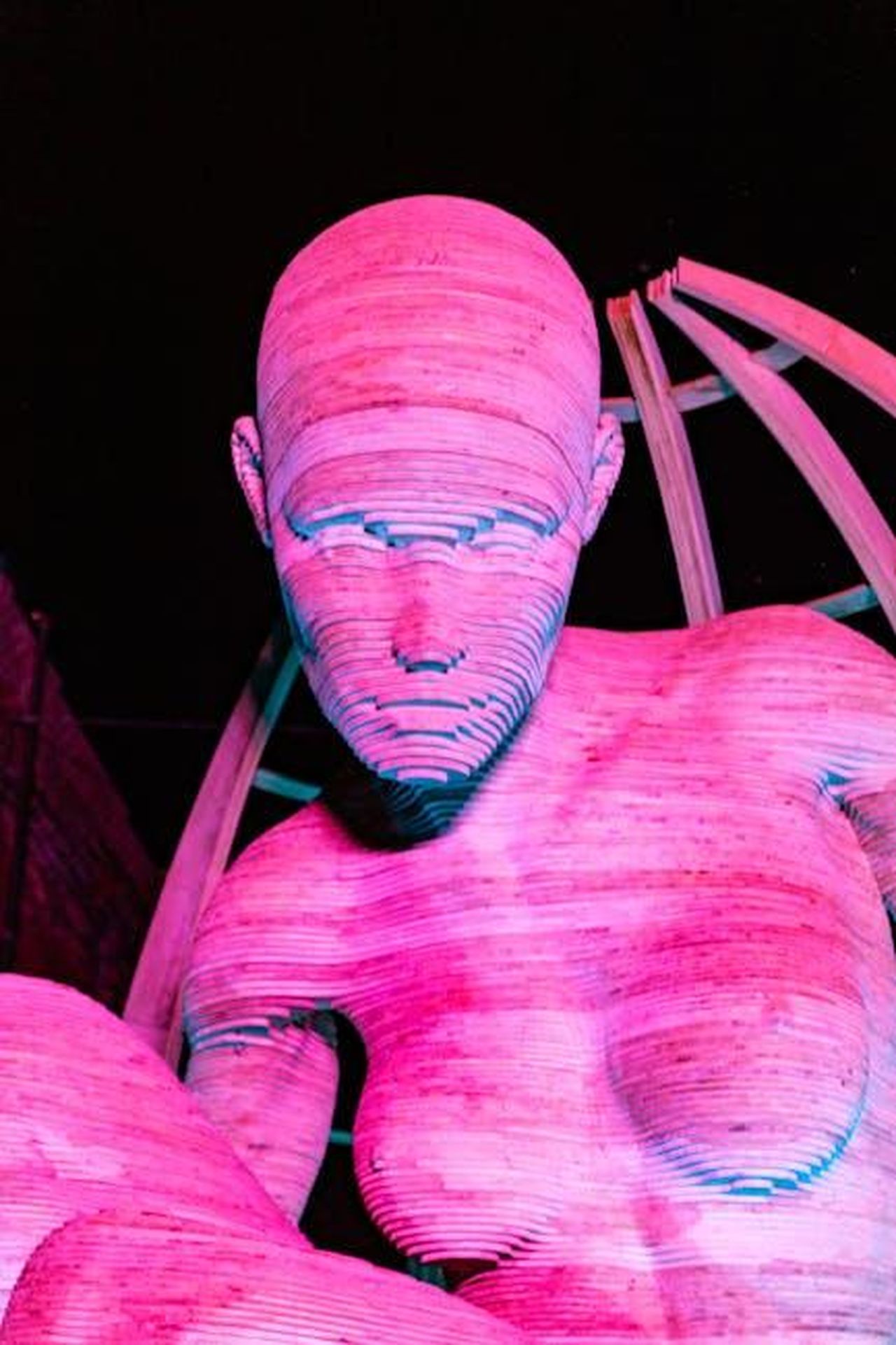 Dettagli_sullinstallazione_Vibrant_Transitions_7koqMQRVWW - Veicoli24 Source: Wendy Wei - pexels - A striking wooden sculpture illuminated with vibrant neon pink light in an outdoor setting, showcasing modern art.