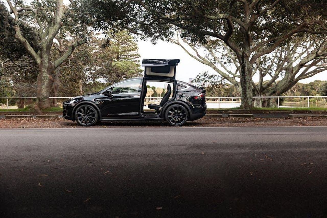 Presentazione_della_DS_N8_un_DSUV_elettrico_di_eccellenza_l3PKsS9cwZ - Veicoli24 Source: Raimundo Campbell - pexels - Tesla Model X with open falcon wing doors parked in a scenic Sydney park setting.